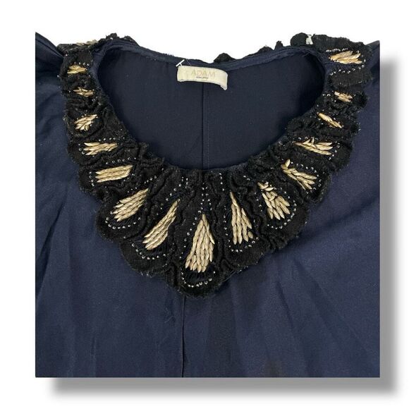 Adam by Adam Lippes Beaded Navy Blue Black Blouse Gold Top Size Medium - Picture 5 of 5